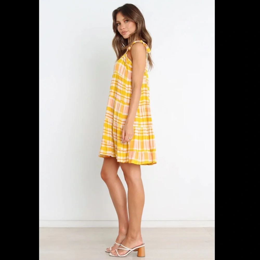 Petal & Pup Yellow and Peach Plaid Mini Dress - Picture 3 of 15